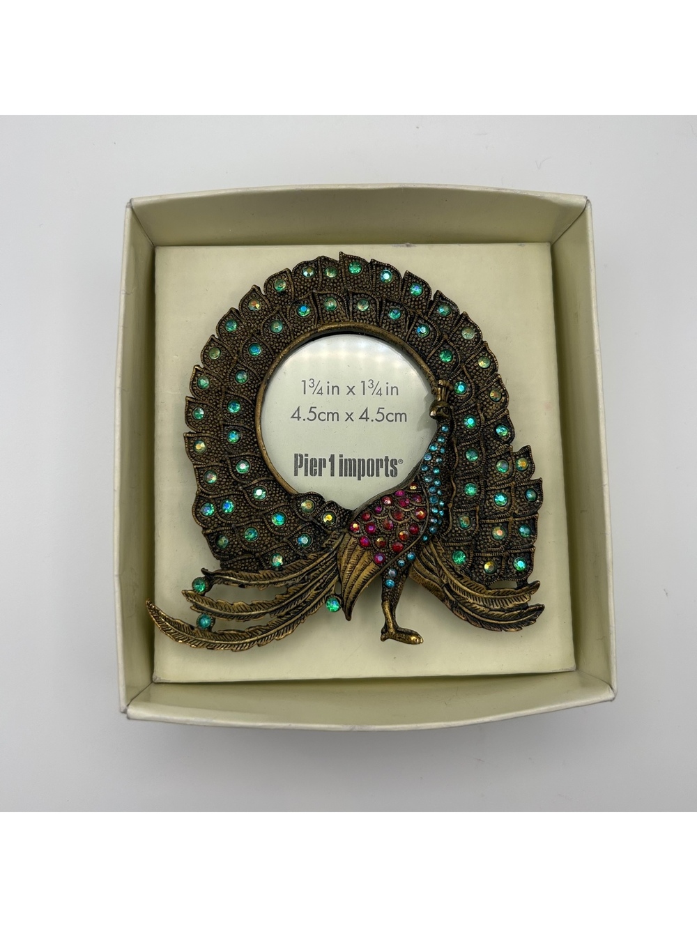 Pier 1 Imports Peacock Desk Picture Frame Rhinestone Jeweled Ornate Brass Tone